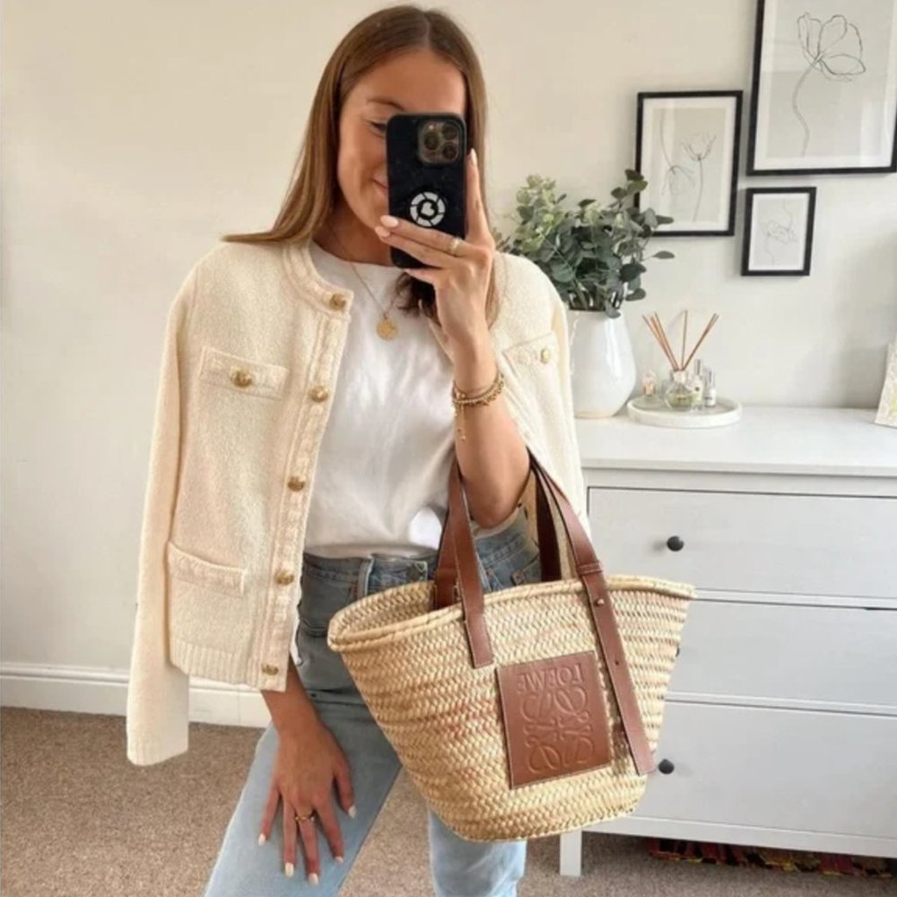 NEW Gold Button Tweed Textured Knit Sweater Cardigan Jacket - Cream Ivory